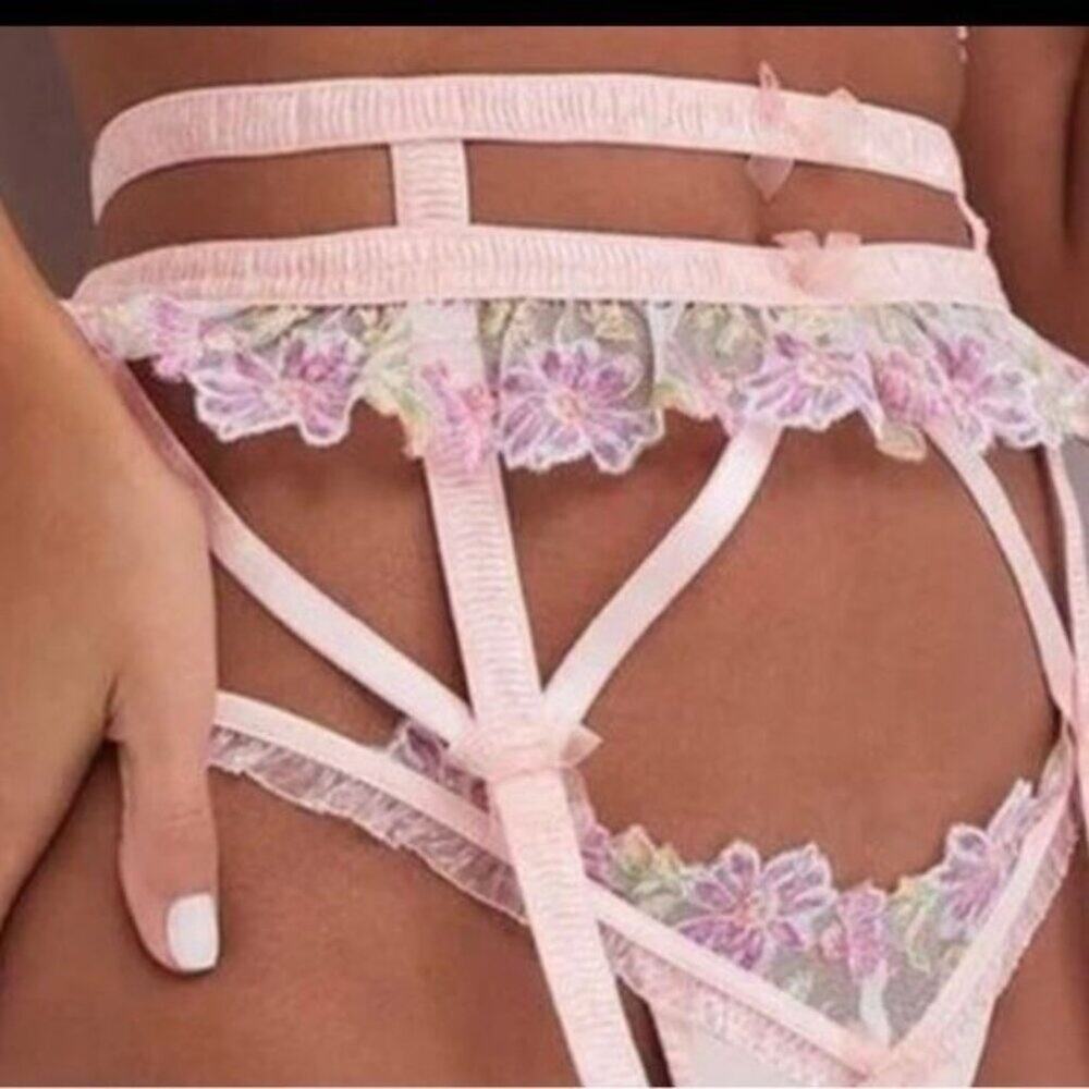 For Love & Lemons XS April Bloom Embroidered Garter Belt Pink Floral NWT
